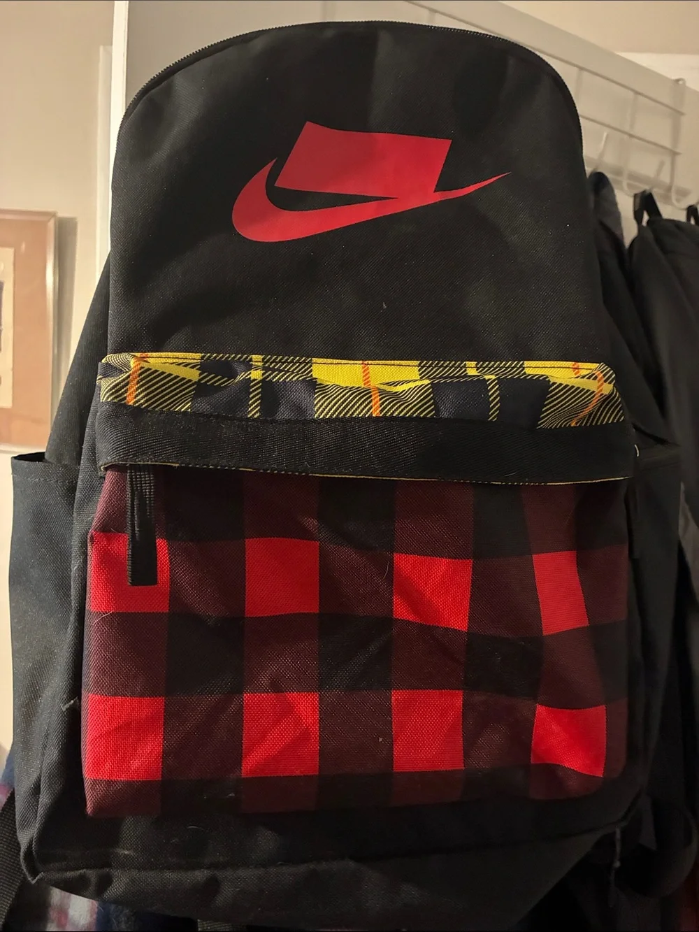 Nike Black Backpack with Red Plaid Front and Yellow Trim